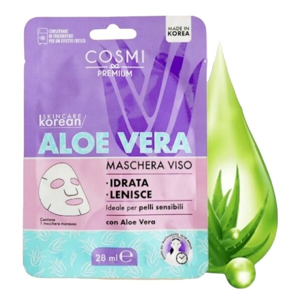 COSMI PREMUIM ALOE VERA FACE MASK KOREAN SKINCARE Sejas auduma maska ar alvejas ekstraktu, 1gab, 28ml