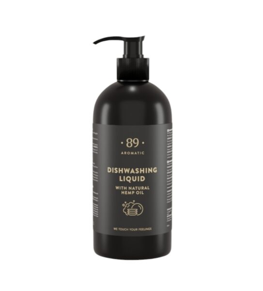 AROMATIC • 89 • DISHWASHING LIQUID WITH NATURAL HEMP OIL Trauku mazgāšanas līdzeklis ar dabīgo kaņepju eļļu, ar dozatoru 720ml